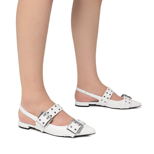 Buckle Straps Slingback Flats - WHITE - 1